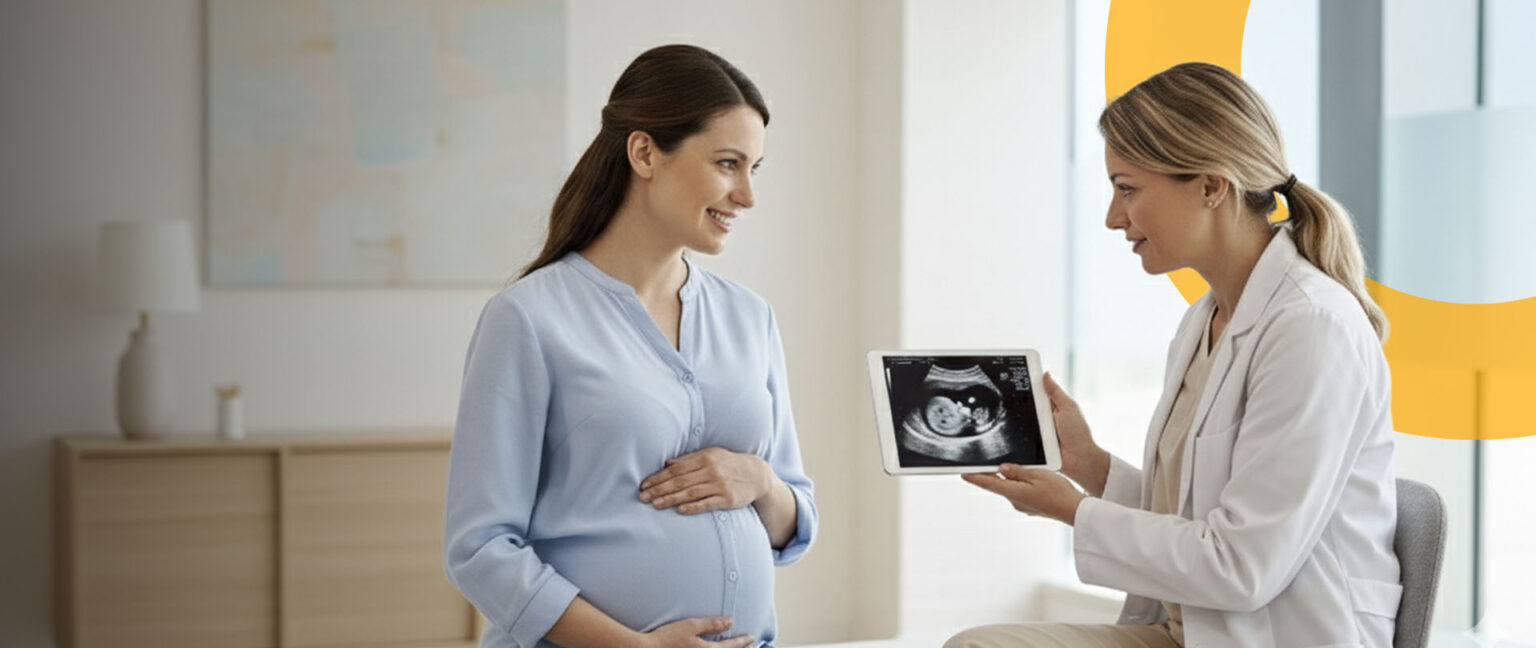 Médica mostra a paciente grávida uma Ecografia