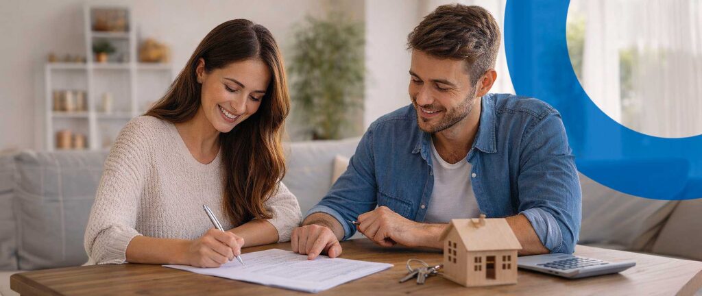 Casal jovem assina contrato de crédito à habitação em casa, com maquete de moradia e chaves sobre a mesa, simbolizando o acesso ao financiamento e ao seguro de vida.