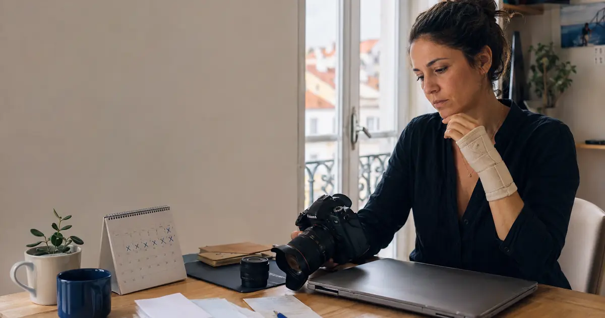 Fotógrafa independente com o pulso imobilizado, sentada junto ao equipamento de trabalho e a um calendário com vários dias cancelados.